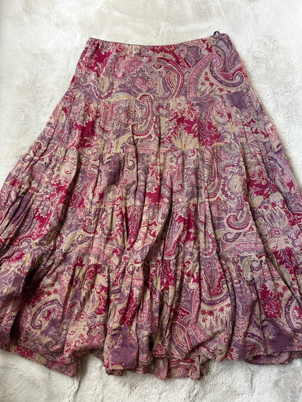 Ralph Lauren Boho Tiered Paisley Midi Skirt in Berry and Lavender